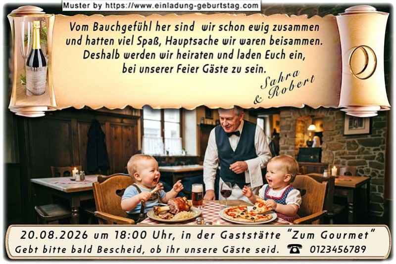 lustige Hochzeitseinladung mit witzigem änderbaren Text mit 2 Babys beim schlemmen