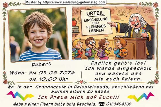 Die Einladung zur Einschulung mit dem Foto des Kindes. Ein lustiger Richter verkündet sein Urteil: Einschulung und fleißiges lernen.