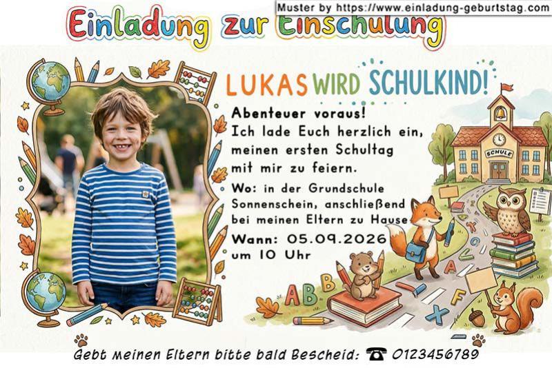 Die Einladung zur Einschulung mit dem Foto des Kindes. Ein Schulweg, auf dem Buchstaben, Stifte und Bücher liegen.