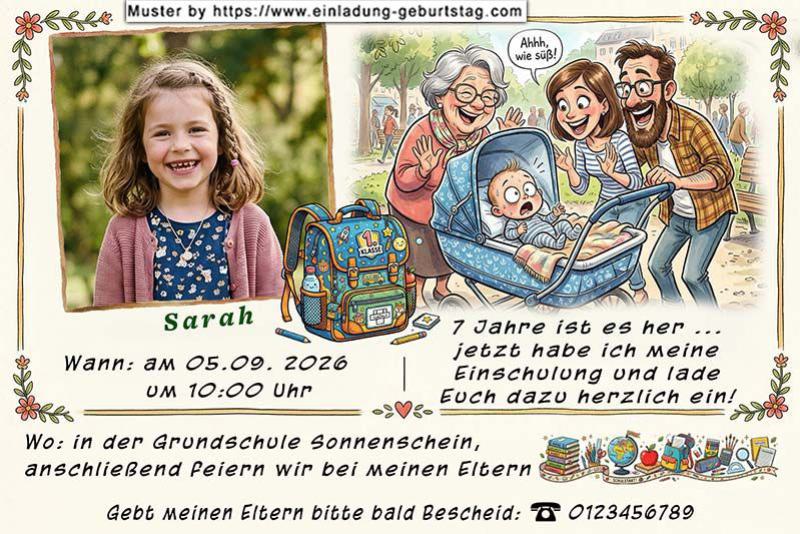 Die Einladung zur Einschulung mit dem Foto des Kindes - ein Baby im Kinderwagen umgeben von den freudestrahlenden Eltern und der Großmutter - 7 Jahre ist es her.