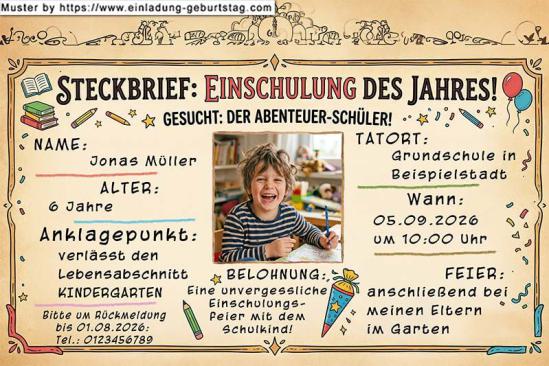Die Einladung zur Einschulung mit dem Foto des Kindes auf einem Steckbrief: Einschulung des Jahres - gesucht: der Abenteuerschüler.