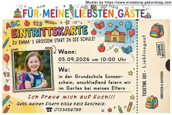 Die Einladung zur Einschulung mit dem Foto des Kindes auf einer Eintrittskarte für die Gäste. Das Foto wird links in das Ticket eingesetzt.