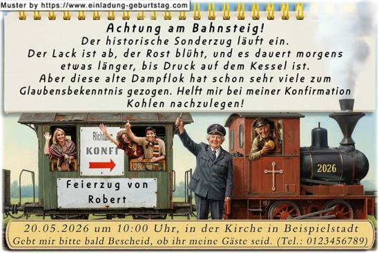 Die lustige Einladung zur Konfirmation mit dem Sonderzug KONFIRMATION. Dieser steht zur Abfahrt bereit und erwartet deine Gäste.
