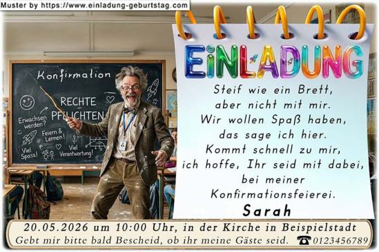 Die lustige Einladung zur Konfirmation mit dem Lehrer. Steif wie ein Brett, aber nicht mit mir. Wir wollen Spaß haben, das sage ich hier.