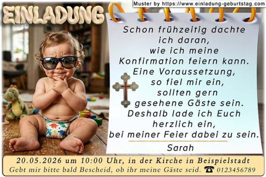 Die lustige Einladung zur Konfirmation - schon frühzeitig dachte ich daran, wie ich meine Konfirmation feiern kann - du als kleines pfiffiges Baby.