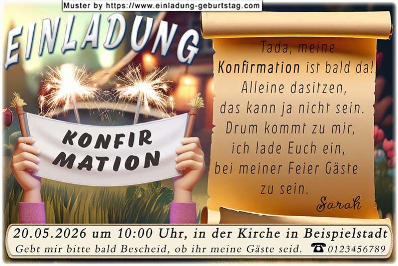Die lustige Einladung zur Konfirmation - 2 Hände halten ein Banner mit der Aufschrift Konfirmation. Dein Einladungstext wird auf eine Schriftrolle gedruckt.