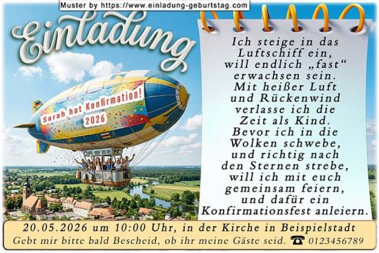 Die lustige Einladung zur Konfirmation mit dem Luiftschiff, das deinen Namen trägt. Ich steige in das Luftschiff ein, will endlich 'fast' erwachsen sein.