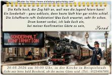 Die lustige Einladungskarte zur Konfirmation mit dem Sonderhalt des Zuges im Bahnhof. Die Kelle hoch, der Zug hält an, weil man die Jugend feiern kann! 
