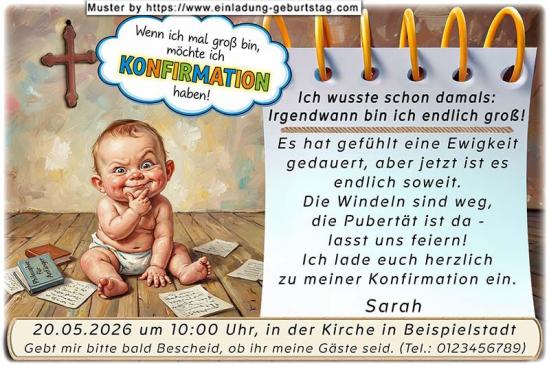 Die lustige Einladung zur Konfirmation mit dem grübelnden Baby. Schon sehr früh hast du dich auf deine Konfirmation gefreut, nun ist es endlich soweit.