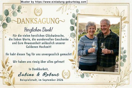 Die Danksagung zur Goldenen Hochzeit - Ihr Foto wird leicht schräg gestellt von einer dekorativen Umrandung umgeben rechts in die Danksagungskarte eingesetzt.