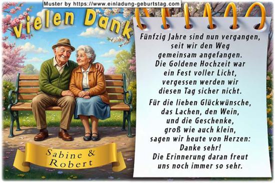 Die Danksagung zur Goldenen Hochzeit - Ein Ehepaar sitzt auf einer Parkbank und schwelgt in Erinnerung an die schöne Feier.