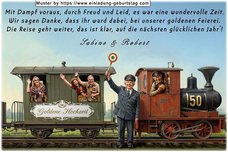 Die Danksagung zur Goldenen Hochzeit - Eine rustikale Dampflok, auf der die Zahl 50 steht, zieht einen Waggon mit winkenden Gästen am Fenster.