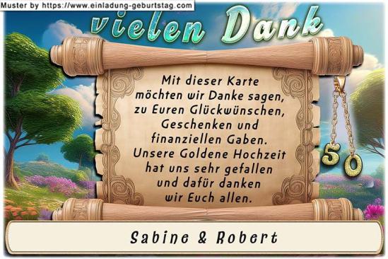 Die Danksagung zur Goldenen Hochzeit - Eine nostalgische Schriftrolle vor einer Landschaft mit Bäumen dient zur Aufnahme Ihres Danksagungstextes.