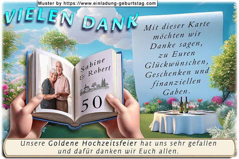 Die Danksagung zur Goldenen Hochzeit - Ein aufgeschlagenes Buch, gehalten von 2 Händen: in die linke Buchseite wird ein Foto von Ihnen eingesetzt.