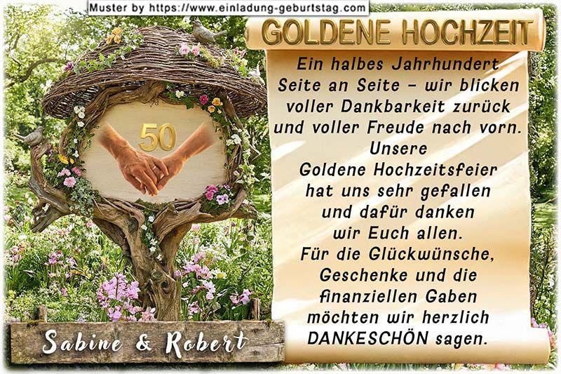 Die Danksagung zur Goldenen Hochzeit - ein originelles Hinweisschild, umgeben von Blumen und Ästen, auf dem sich 2 Hände (Hand in Hand) befinden.