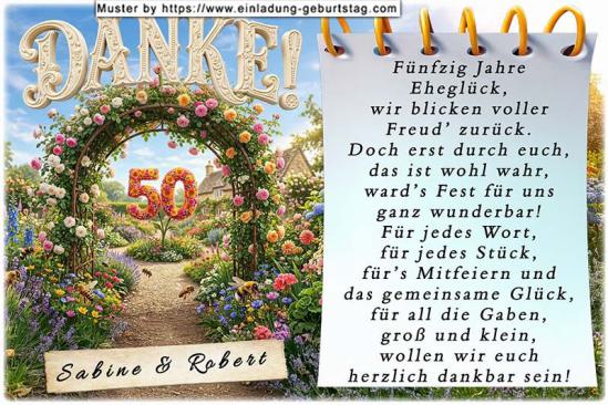 Die Danksagung zur Goldenen Hochzeit - Ein schöner Rosenbogen gibt den Blick frei auf eine ganz besondere Blume. Die Blüte hat die Fort Ihrer Jubiläumszahl - 50.