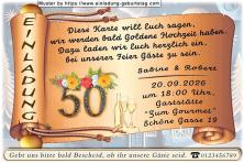 Die Einladung zur Goldenen Hochzeit mit Ihrem Text auf einer Goldpapierrolle