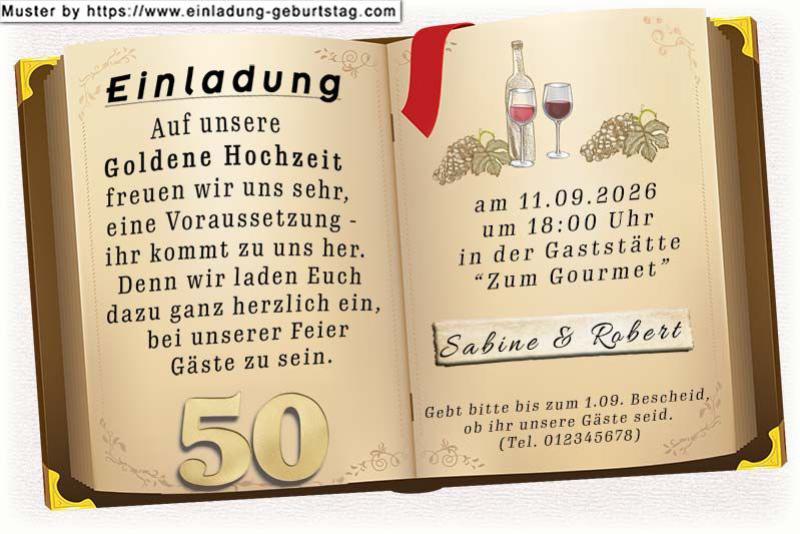 Die Einladung zur Goldenen Hochzeit mit dem goldenen Hochzeitsbuch