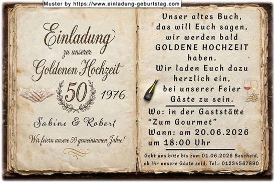 Die Einladung zur Goldenen Hochzeit mit Ihrem Text in einem alten Buch