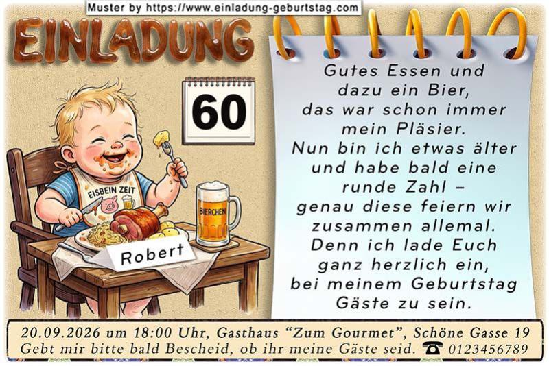 Die lustige Einladung zum Geburtstag - gutes Essen und dazu ein Bier, das war schon immer mein Pläsir. Ein Baby sitzt am Tisch und fühlt sich sichtlich wohl.