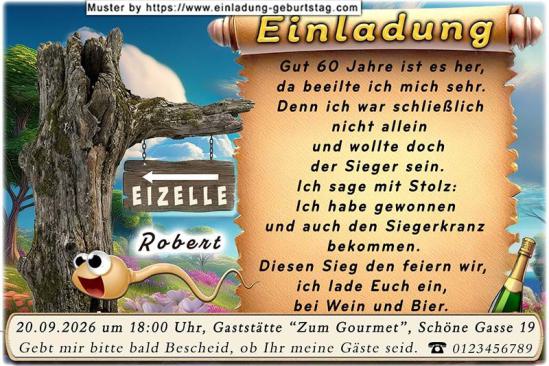 Die lustige Einladung zum Geburtstag – Sie vor langer Zeit als Spermium auf dem Weg zur Eizelle. Sie haben gewonnen und das muss gefeiert werden.