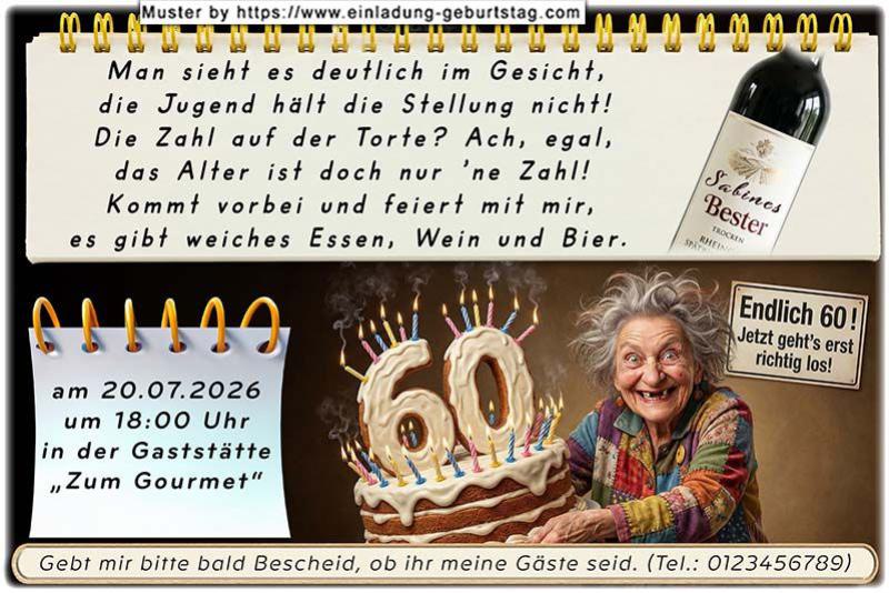 Die lustige Einladung zum Geburtstag mit der strahlenden, vom Leben gezeichneten Frau, die eine Geburtstagstorte mit Ihrem Alter darauf in der Hand hält.