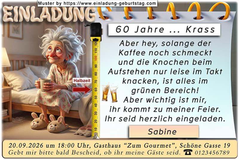 Die lustige Einladung zum Geburtstag – eine nachdenkliche Frau sitzt auf der Bettkante und denkt über ihr Alter nach. Ein Pfeil an einem Bandmaß zeigt es an.