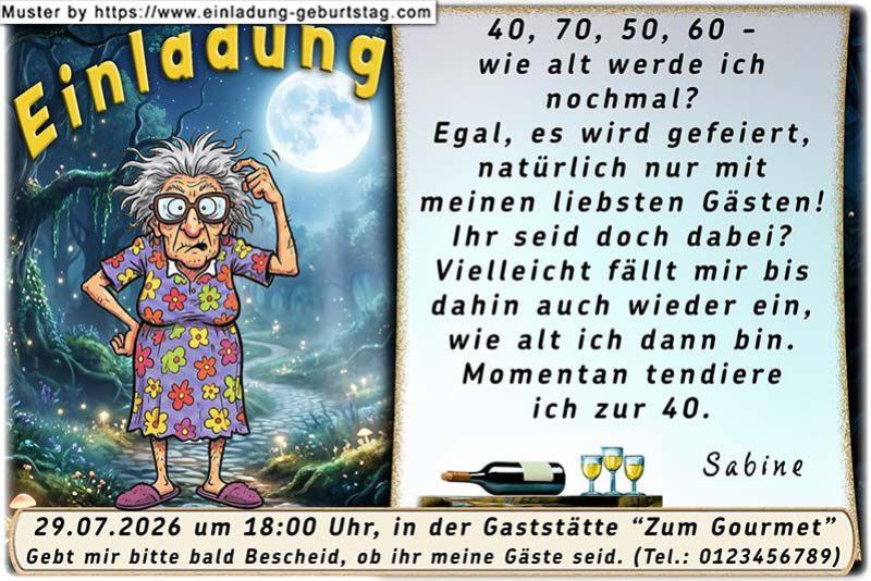 Die lustige Einladung zum Geburtstag - Wie alt werde ich nochmal? Man kann sein Alter auch schon mal vergessen. Die nachdenkliche Frau.