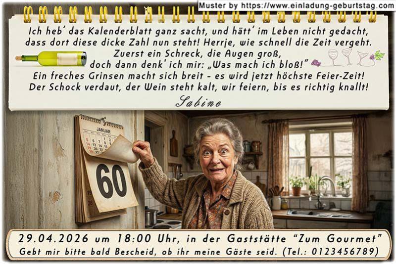 Die lustige Einladung zum Geburtstag - Ihr Alter wird in einen Abreißkalender eingesetzt. Die überraschte Frau.
