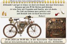 Die lustige Einladung zum Geburtstag - ein sehr gut gepflegtes, etwas älteres Fahrrad mit Ihrem Alter am Rahmen. Alt bewährt und gut in Schuss, ist etwas, was man feiern muss.