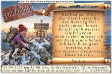 Die lustige Einladung zum Geburtstag - eine tapfere Bergsteigerin am Ziel - auf dem Gipfel eines Berges befindet sich Ihr Alter (jedes beliebige).