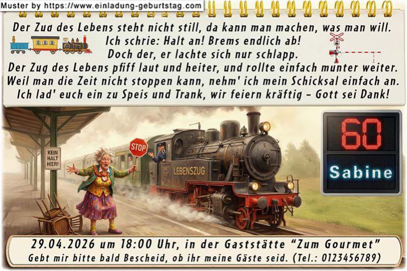 Die lustige Einladung zum Geburtstag - eine aufgeregte Frau versucht mit einem Stoppschild vergeblich den Zug des Lebens aufzuhalten.