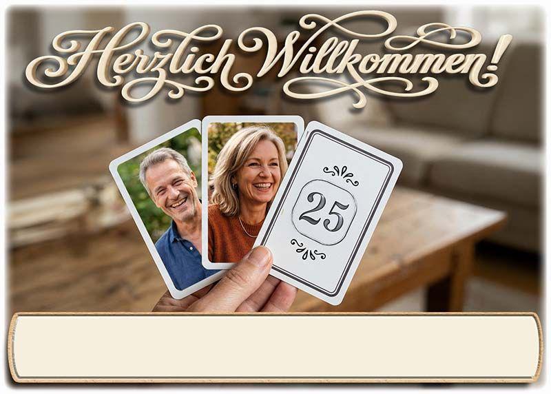 Tischkarte Silberhochzeit - 2 Fotos auf Spielkarten und Textfeld für den Namen Ihres Gastes
