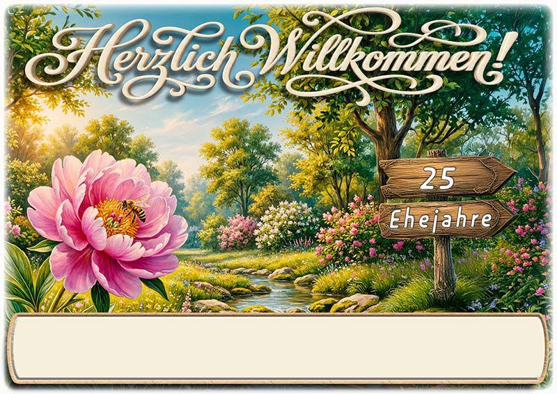 Tischkarte Silberhochzeit - die Biene in einer Blüte und Textfeld für den Namen des Gastes