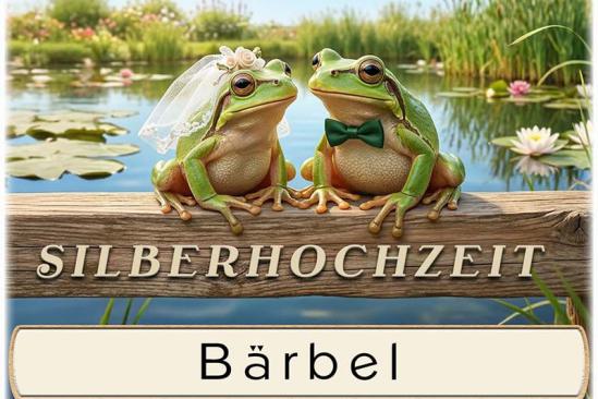 Tischkarte Silberhochzeit - das lustige Froschpaar mit dem Namen des Gastes