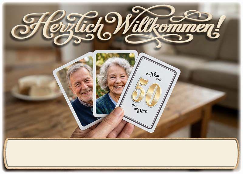 Die Tischkarte zur Goldenen Hochzeit als kleine Klappkarte mit 2 Ihrer Fotos auf Spielkarten