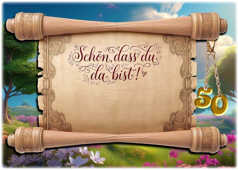 Die Tischkarte zur Goldenen Hochzeit als kleine Klappkarte mit der dekorativen Schriftrolle