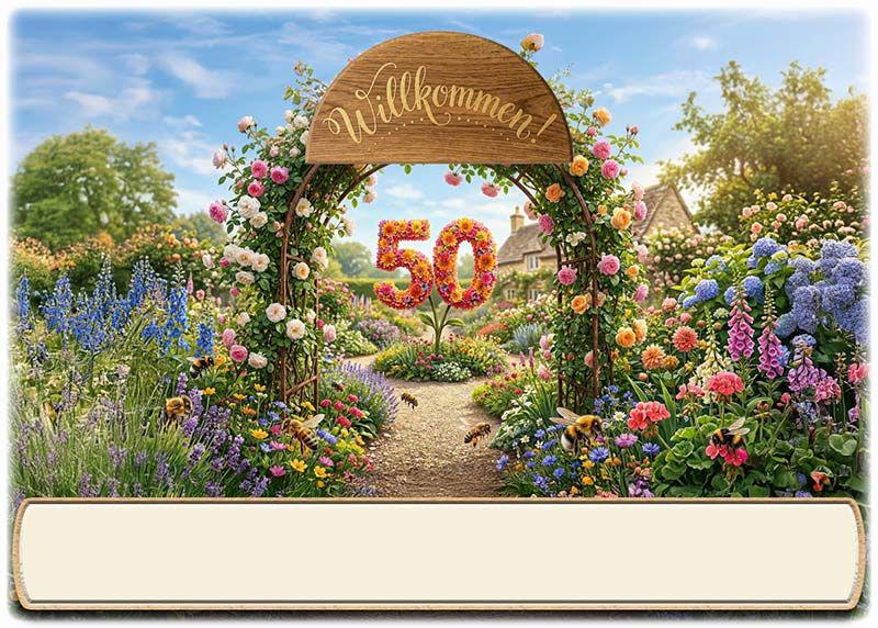 Die Tischkarte zur Goldenen Hochzeit als kleine Klappkarte mit der Zahl 50 in einem Rosenbogen