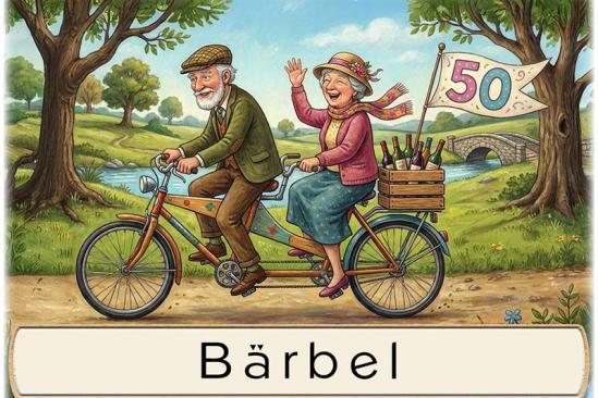 Die Tischkarte zur Goldenen Hochzeit als kleine Klappkarte mit dem lustigen Ehepaar auf einem Tandem