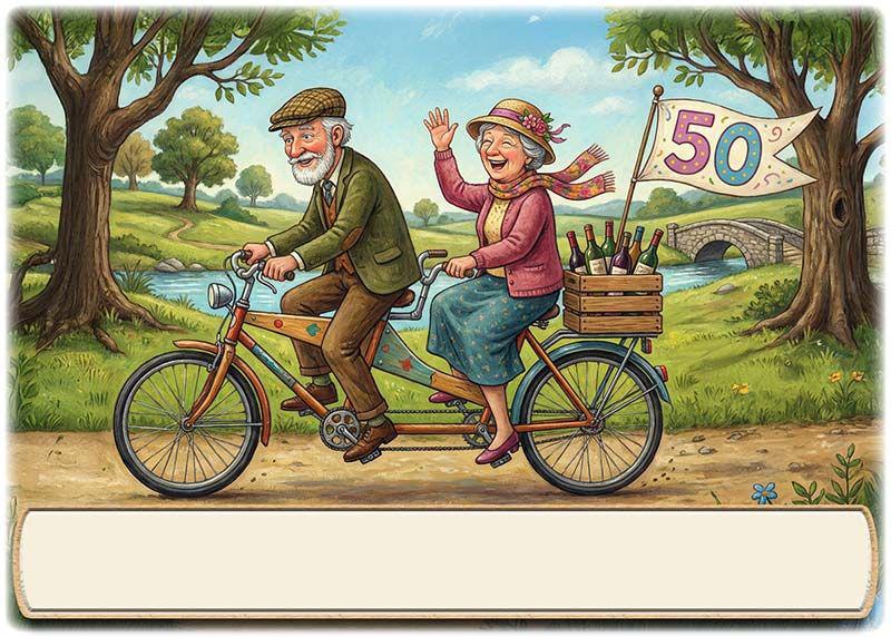Die Tischkarte zur Goldenen Hochzeit als kleine Klappkarte mit dem lustigen Ehepaar auf einem Tandem