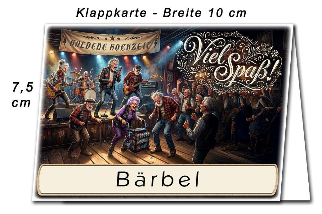 Die Tischkarte zur Goldenen Hochzeit als kleine Klappkarte mit der lustigen Rollatorparty