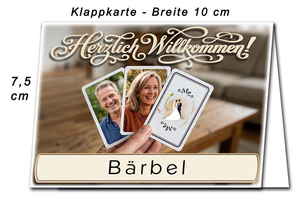 Die Tischkarte zur Hochzeitsfeier – 2 Ihrer Fotos auf 2 Karten eines Kartenspiels – Abmessungen der Platzkarten