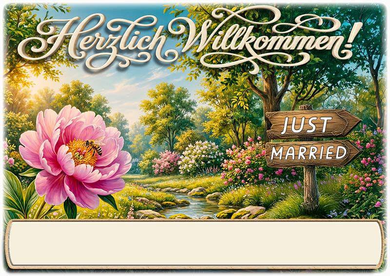 Die Tischkarte zur Hochzeitsfeier – der Wegweiser mit der Aufschrift Just Married – mit leerem Textfeld für den Namen des Gastes