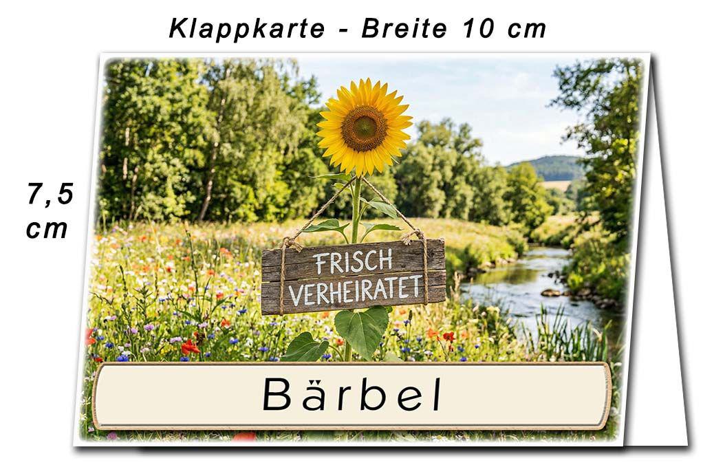 Die Tischkarte zur Hochzeitsfeier – die Sonnenblume mit dem Holzschild frisch verheiratet – Abmessungen der Platzkarten
