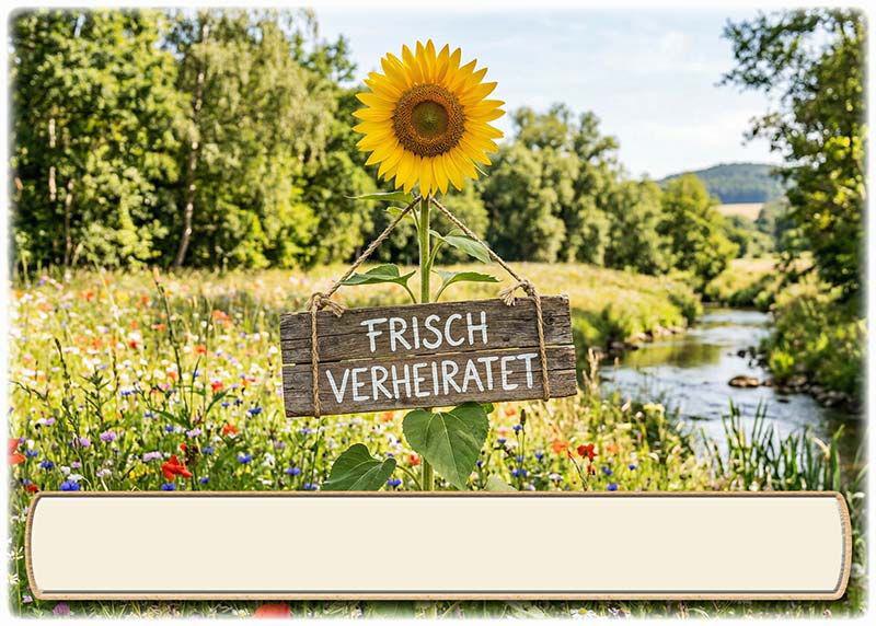 Die Tischkarte zur Hochzeitsfeier – die Sonnenblume mit dem Holzschild frisch verheiratet – mit leerem Textfeld für den Namen des Gastes