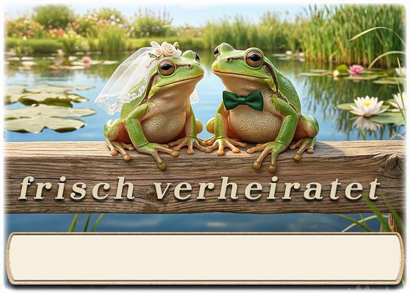Die Tischkarte zur Hochzeitsfeier – das lustige Froschpaar – mit leerem Textfeld für den Namen des Gastes