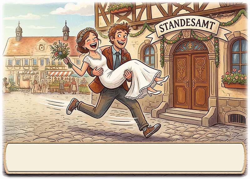 Die Tischkarte zur Hochzeitsfeier – das lustige Bild, Mann trägt Frau zum Standesamt – mit leerem Textfeld für den Namen des Gastes