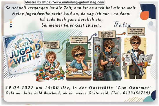 die lustige Einladung zur Jugendweihe - dein Weg vom Kindergarten bis zur Jugendweihe