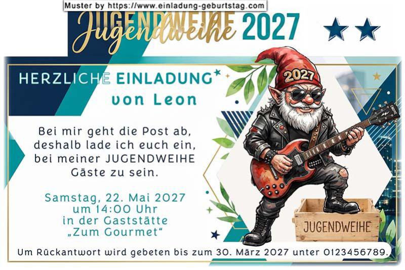 Die lustige Einladung zur Jugendweihe mit dem kleinen Rocker, der für Stimmung sorgt.