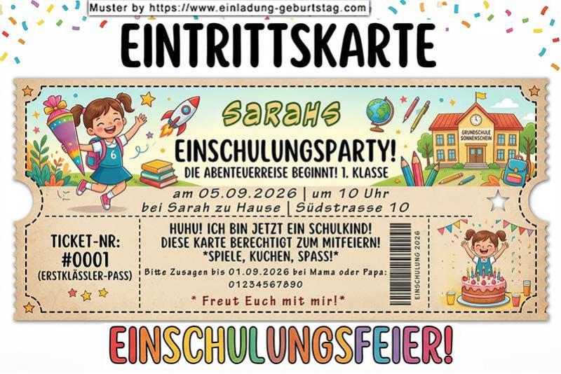 Die ausgefallene Einladung zur Einschulung - eine Eintrittskarte zur Einschulung für die Gäste von einem Mädchen als zukünftiges Schulkind - die Abenteuerreise beginnt.